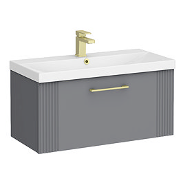 Roxbury Deco Fluted 800mm Grey Vanity Unit - Wall Hung 1-Drawer Unit & Brushed Brass Handle
