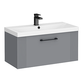 Roxbury Deco Fluted 800mm Grey Vanity Unit - Wall Hung 1-Drawer Unit & Matt Black Handle