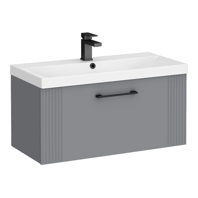 Roxbury Deco Fluted 800mm Grey Vanity Unit - Wall Hung 1-Drawer Unit & Matt Black Handle