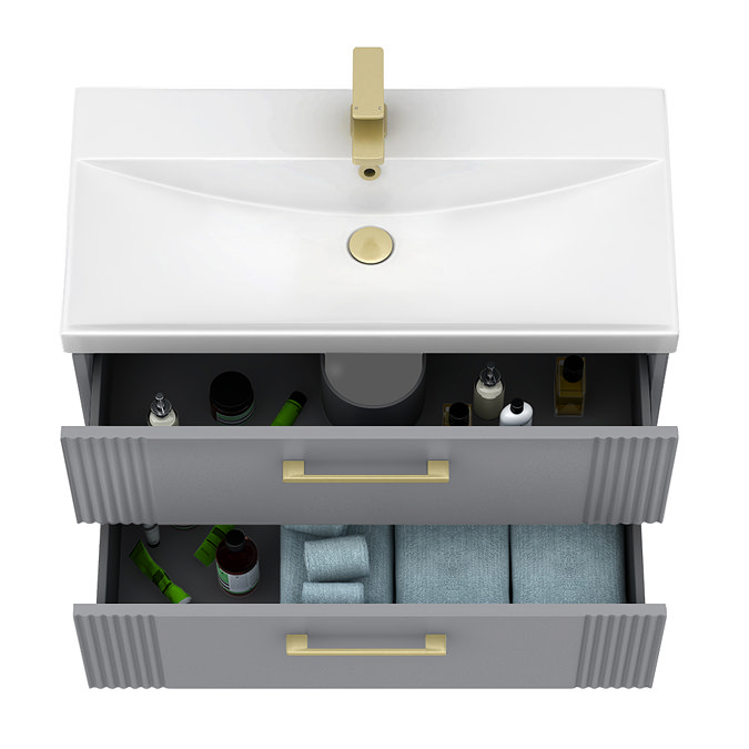 Roxbury Deco Fluted 800mm Grey Vanity Unit - Wall Hung 2-Drawer Unit & Brushed Brass Handles