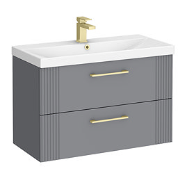 Roxbury Deco Fluted 800mm Grey Vanity Unit - Wall Hung 2-Drawer Unit & Brushed Brass Handles