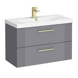 Roxbury Deco Fluted 800mm Grey Vanity Unit - Wall Hung 2-Drawer Unit & Brushed Brass Handles