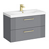 Roxbury Deco Fluted 800mm Grey Vanity Unit - Wall Hung 2-Drawer Unit & Brushed Brass Handles