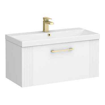 Roxbury Deco Fluted 800mm White Vanity Unit - Wall Hung 1-Drawer Unit & Brushed Brass Handle