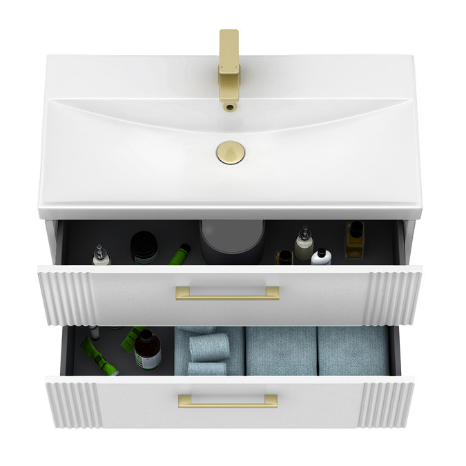 Roxbury Deco Fluted 800mm White Vanity Unit - Wall Hung 2-Drawer Unit & Brushed Brass Handles