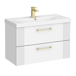 Roxbury Deco Fluted 800mm White Vanity Unit - Wall Hung 2-Drawer Unit & Brushed Brass Handles