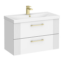 Roxbury Deco Fluted 800mm White Vanity Unit - Wall Hung 2-Drawer Unit & Brushed Brass Handles