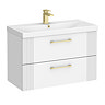 Roxbury Deco Fluted 800mm White Vanity Unit - Wall Hung 2-Drawer Unit & Brushed Brass Handles