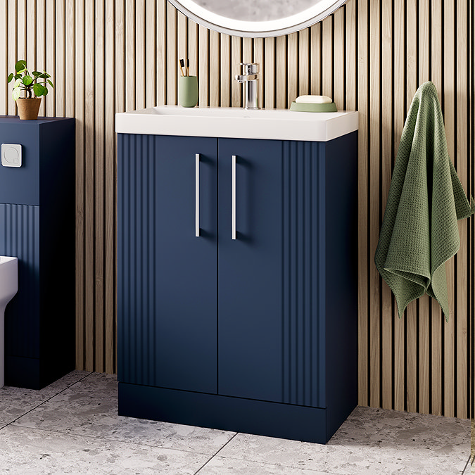 Roxbury Deco Fluted Blue Floorstanding Vanity Unit + Toilet Package (Chrome Flush & Handles)