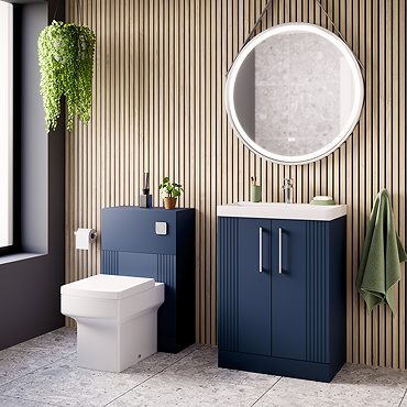 Roxbury Deco Fluted Vanity Unit & Toilet Set – Blue, Floorstanding, Chrome Flush & Handles