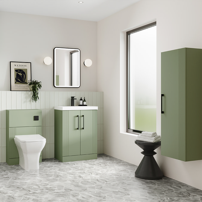 Roxbury Deco Fluted Green Wall Hung Tall Storage Cabinet with Matt Black Handle