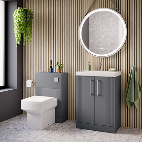 Roxbury Deco Fluted Grey Floorstanding Vanity Unit + Toilet Package (Chrome Flush & Handles)