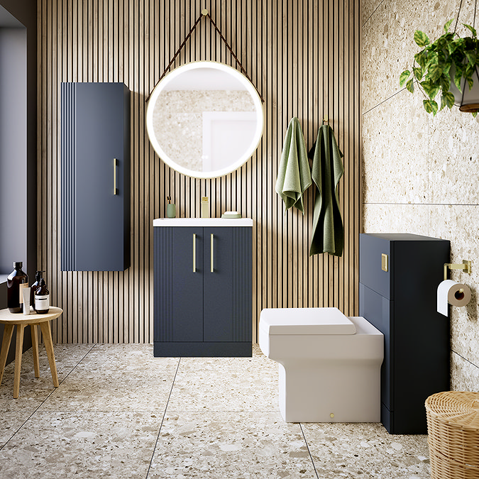 Roxbury Deco Fluted Vanity Unit & Toilet Set – Anthracite Grey, Floorstanding, Brushed Brass Flush & Handles