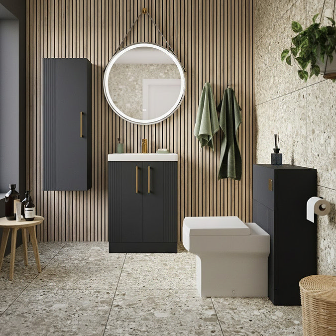Roxbury Deco Fluted Vanity Unit & Toilet Set – Anthracite Grey, Floorstanding, Brushed Brass Flush & Handles