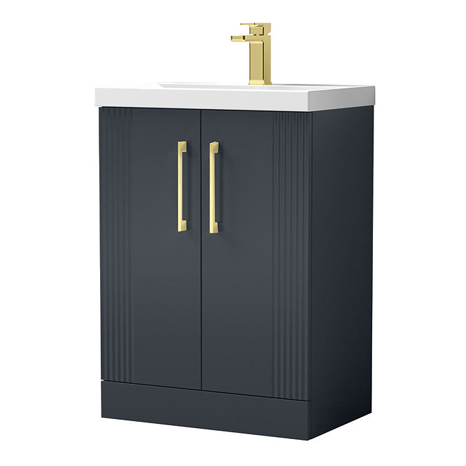Roxbury Deco Fluted Vanity Unit & Toilet Set – Anthracite Grey, Floorstanding, Brushed Brass Flush & Handles