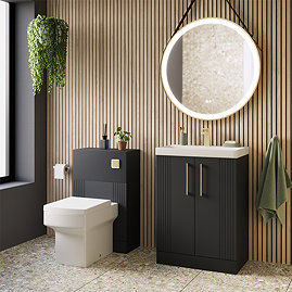 Roxbury Deco Fluted Vanity Unit & Toilet Set – Anthracite Grey, Floorstanding, Brushed Brass Flush & Handles