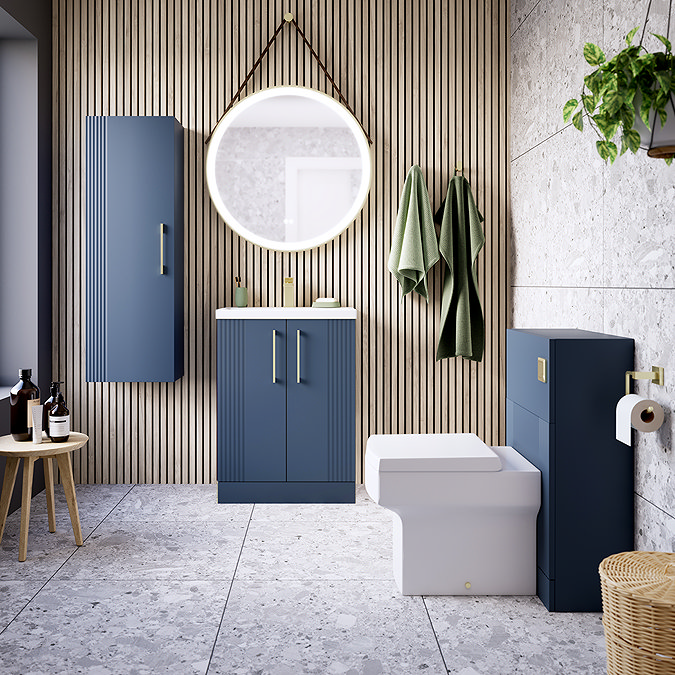 Roxbury Deco Fluted Vanity Unit & Toilet Set – Blue, Floorstanding, Brushed Brass Flush & Handles