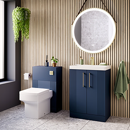 Roxbury Deco Fluted Vanity Unit & Toilet Set – Blue, Floorstanding, Brushed Brass Flush & Handles