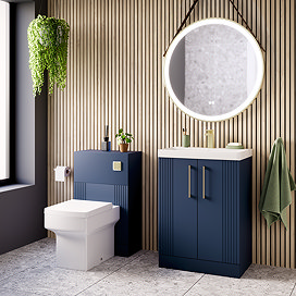 Roxbury Deco Fluted Vanity Unit & Toilet Set – Blue, Floorstanding, Brushed Brass Flush & Handles