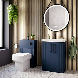 Roxbury Deco Fluted Vanity Unit & Toilet Set – Blue, Floorstanding, Matt Black Flush & Handles