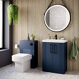 Roxbury Deco Fluted Vanity Unit & Toilet Set – Blue, Floorstanding, Matt Black Flush & Handles