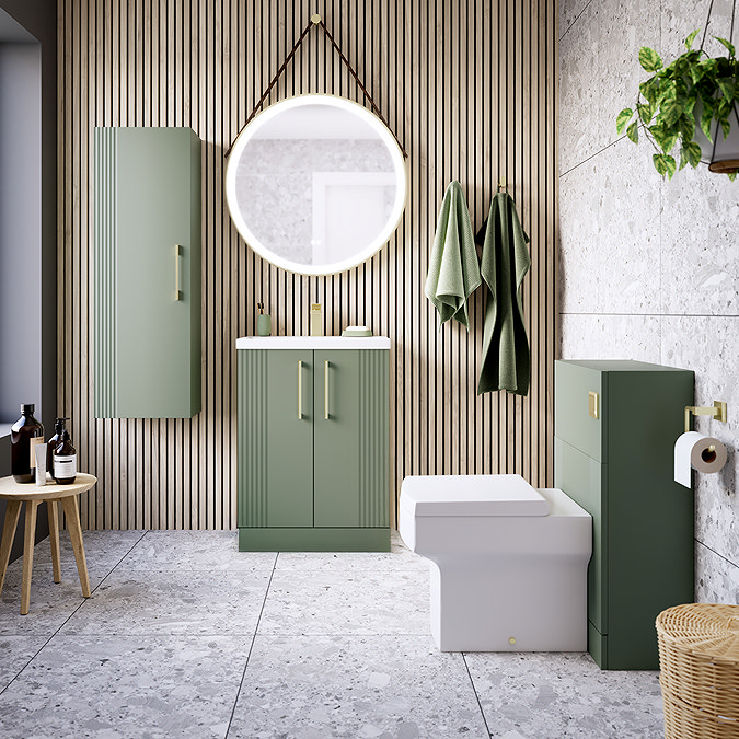 Roxbury Deco Fluted Vanity Unit & Toilet Set – Green, Floorstanding, Brushed Brass Flush & Handles
