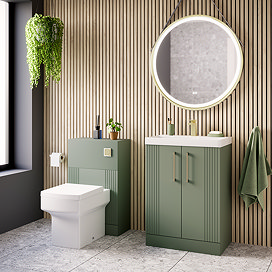 Roxbury Deco Fluted Vanity Unit & Toilet Set – Green, Floorstanding, Brushed Brass Flush & Handles