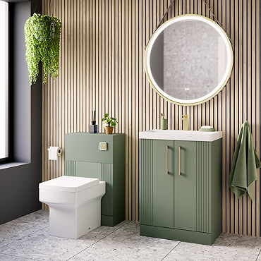 Roxbury Deco Fluted Vanity Unit & Toilet Set – Green, Floorstanding, Brushed Brass Flush & Handles