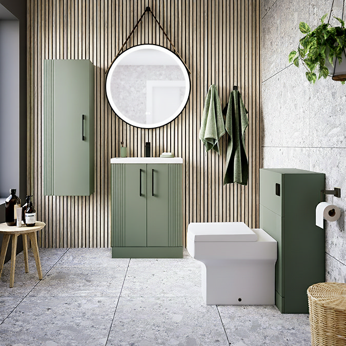 Roxbury Deco Fluted Vanity Unit & Toilet Set – Green, Floorstanding, Matt Black Flush & Handles