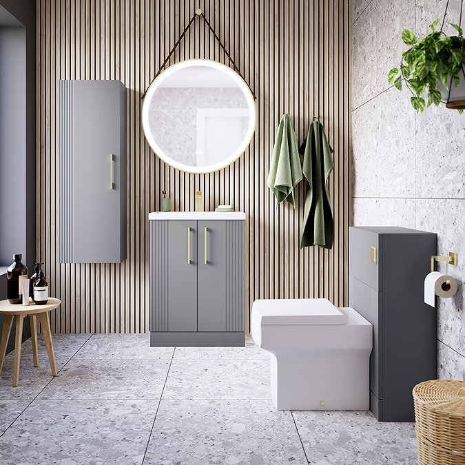Roxbury Deco Fluted Vanity Unit & Toilet Set – Grey, Floorstanding, Brushed Brass Flush & Handles