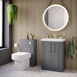 Roxbury Deco Fluted Vanity Unit & Toilet Set – Grey, Floorstanding, Brushed Brass Flush & Handles