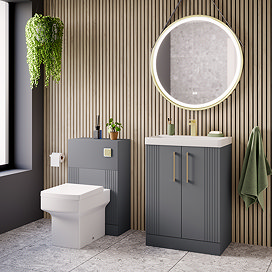 Roxbury Deco Fluted Vanity Unit & Toilet Set – Grey, Floorstanding, Brushed Brass Flush & Handles