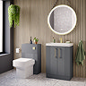 Roxbury Deco Fluted Vanity Unit & Toilet Set – Grey, Floorstanding, Brushed Brass Flush & Handles