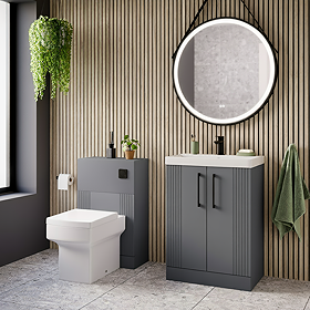 Roxbury Deco Fluted Vanity Unit & Toilet Set – Grey, Floorstanding, Matt Black Flush & Handles