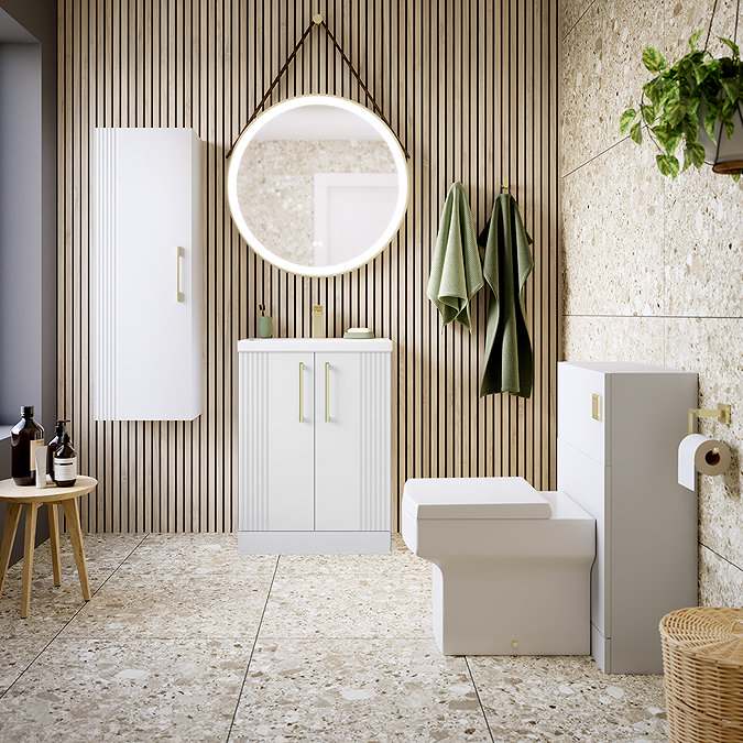 Roxbury Deco Fluted Vanity Unit & Toilet Set – White, Floorstanding, Brushed Brass Flush & Handles