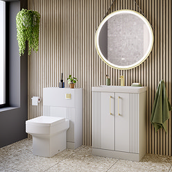 Roxbury Deco Fluted Vanity Unit & Toilet Set – White, Floorstanding, Brushed Brass Flush & Handles
