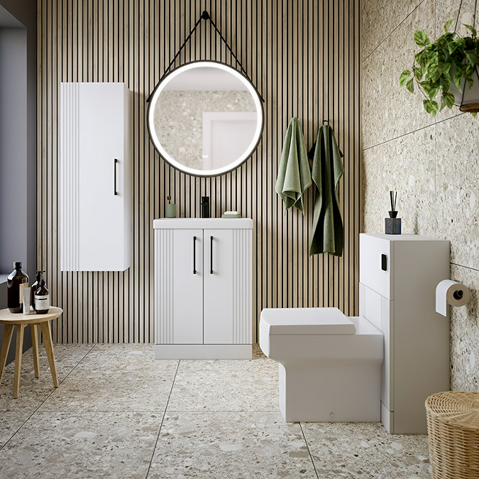Roxbury Deco Fluted Vanity Unit & Toilet Set – White, Floorstanding, Matt Black Flush & Handles