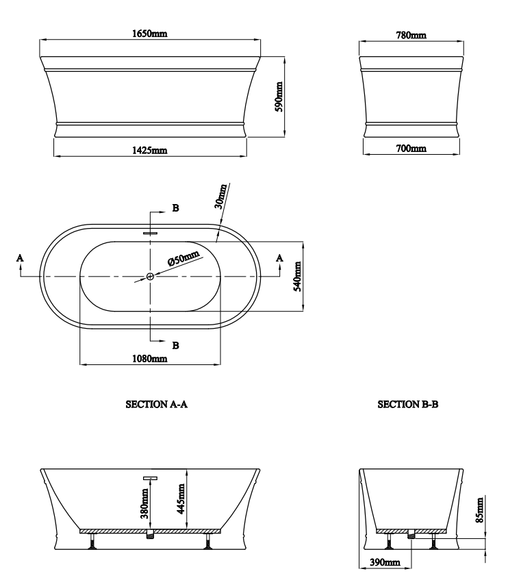 Roxbury Double Ended Freestanding Bath (1650 x 780mm) with Waste