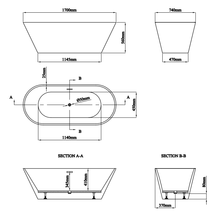 Roxbury Freestanding Bath with Chrome Waste – 1700 × 740mm