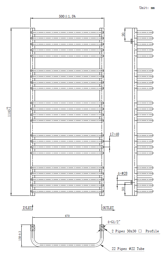 Roxbury Heated Towel Rail 500 x 1140mm - Brushed Brass