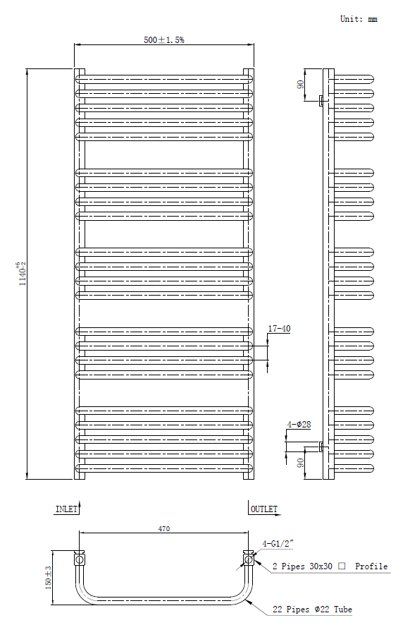 Roxbury Heated Towel Rail 500 x 1140mm - Matt Black