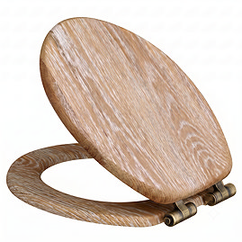 Roxbury Solid Rustic White Wash Wooden Toilet Seat with Antique Brass Hinges