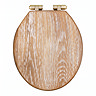 Roxbury Solid Rustic White Wash Wooden Toilet Seat with Brushed Brass Hinges