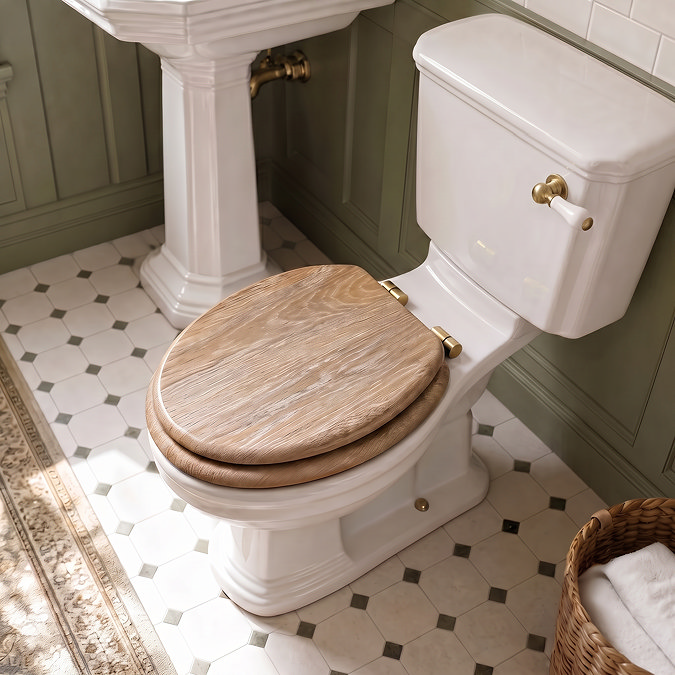 Roxbury Solid Rustic White Wash Wooden Toilet Seat with Brushed Brass Hinges
