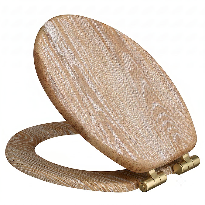 Roxbury Solid Rustic White Wash Wooden Toilet Seat with Brushed Brass Hinges