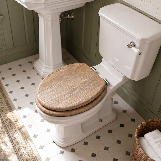 Roxbury Solid Rustic White Wash Wooden Toilet Seat with Chrome Hinges