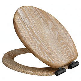 Roxbury Solid Rustic White Wash Wooden Toilet Seat with Matt Black Hinges