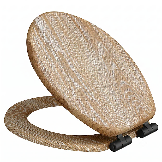 Roxbury Solid Rustic White Wash Wooden Toilet Seat with Matt Black Hinges