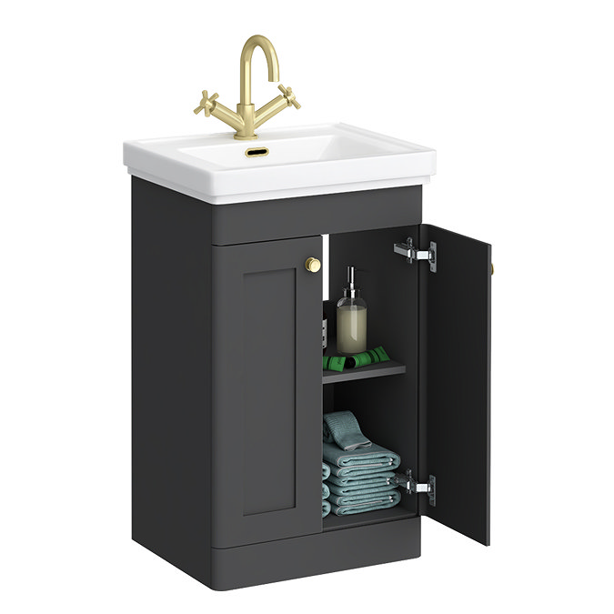 Roxbury Traditional 500mm Satin Anthracite Vanity Unit - Floor Standing 2 Door Unit with Brushed Brass Handles