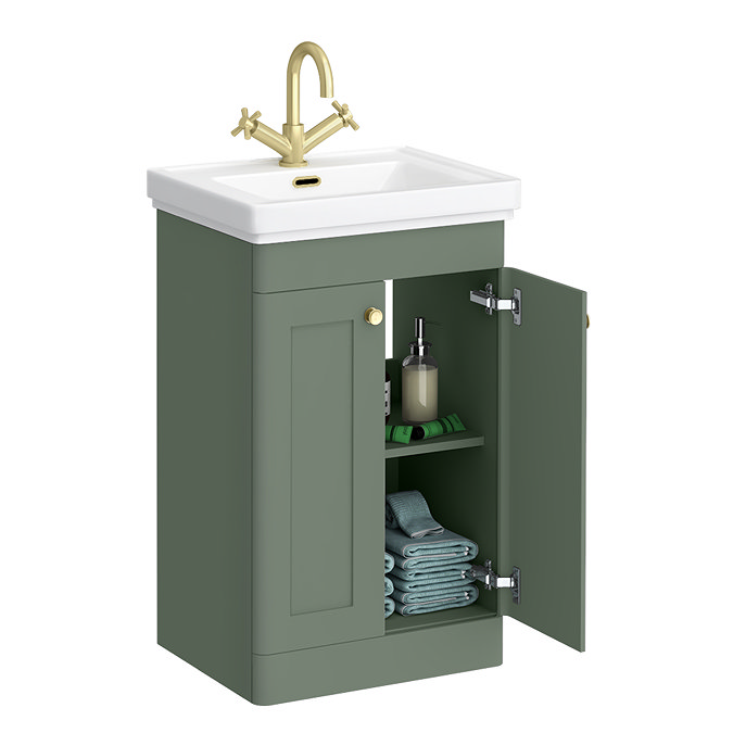 Roxbury Traditional 500mm Satin Green Vanity Unit - Floor Standing 2 Door Unit with Brushed Brass Handles